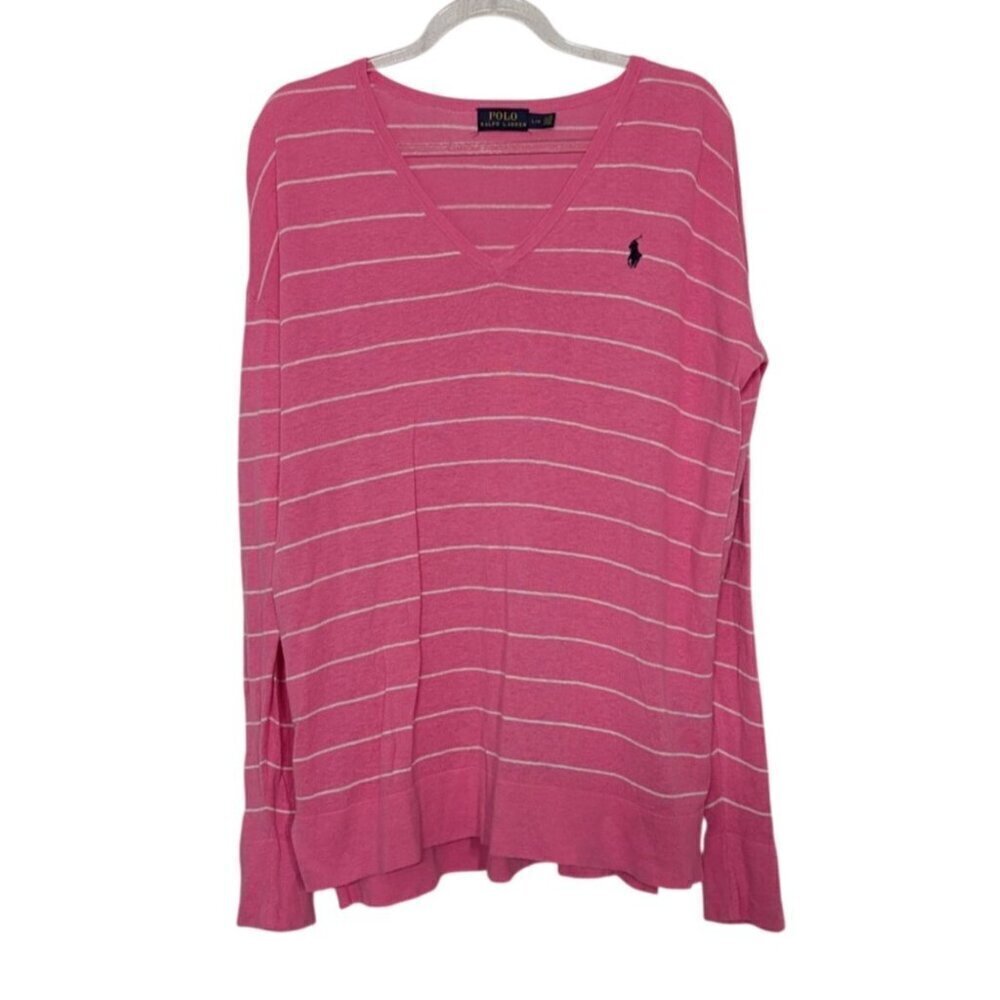 Lauren Ralph Lauren Stripe Shirt Womens Size Large Pink Linen Cotton V Neck